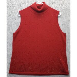 Nine & Company Sweater Womens XL‎ Red Beaded Acrylic Knit Sleeveless Turtleneck